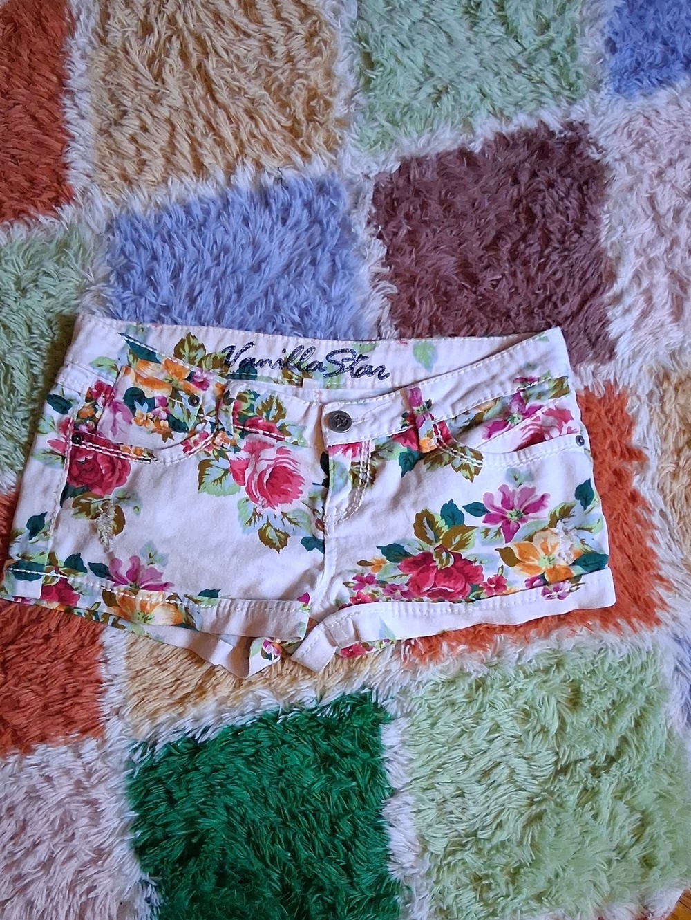 Vanilla Star White Denim Floral Shorts with Pink & Green Flowers